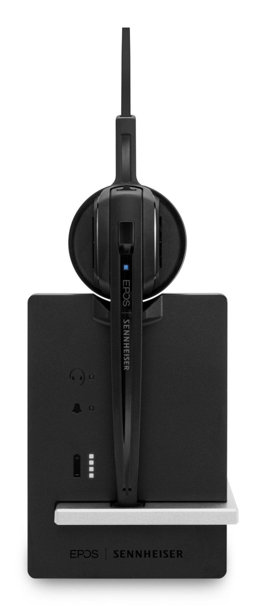 Black over-ear headset with a sleek design, mounted on a compact charging base featuring indicator lights and a minimalist silver accent.