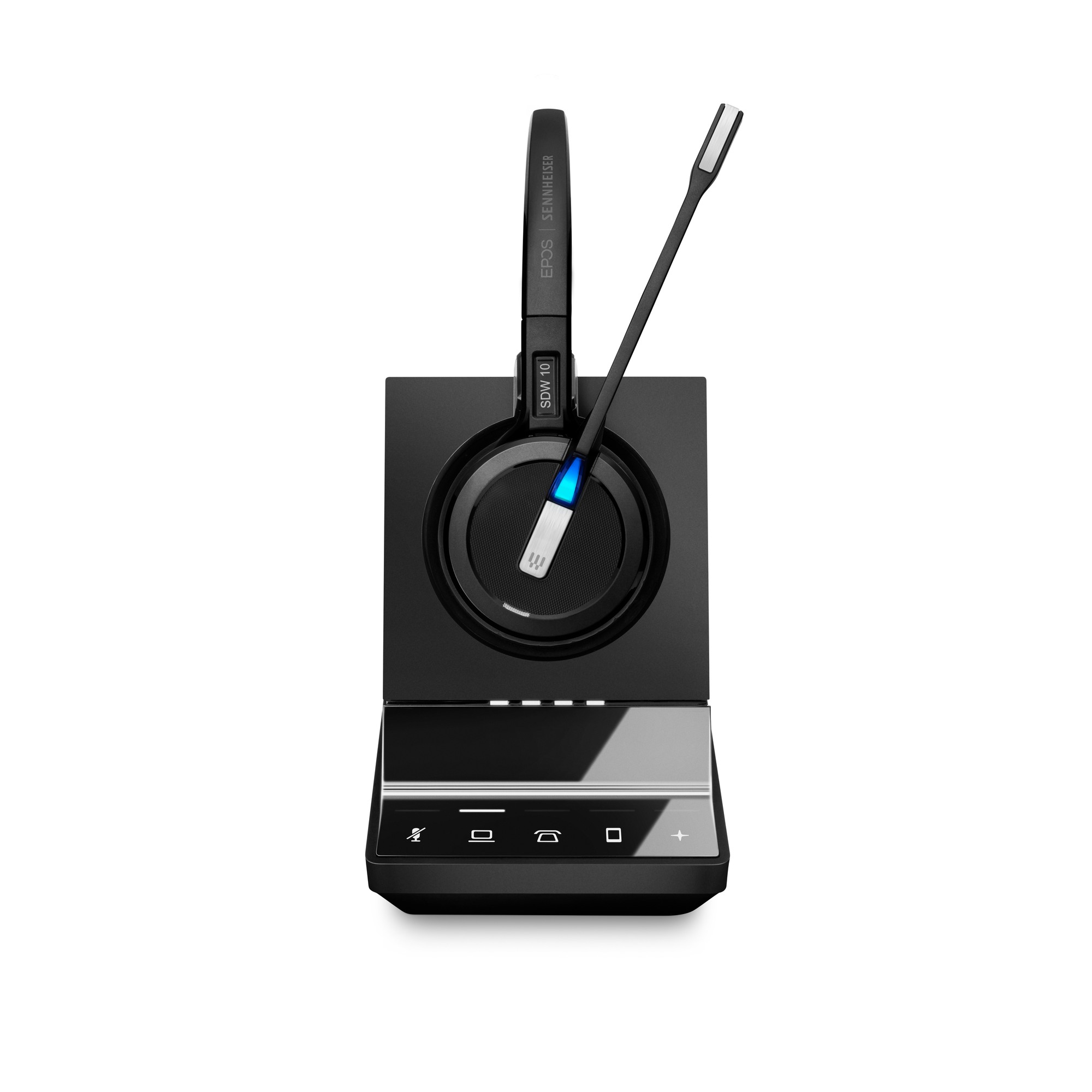 Black wireless headset with a sleek design, featuring a flexible microphone and a charging base with touch controls and an LED indicator.