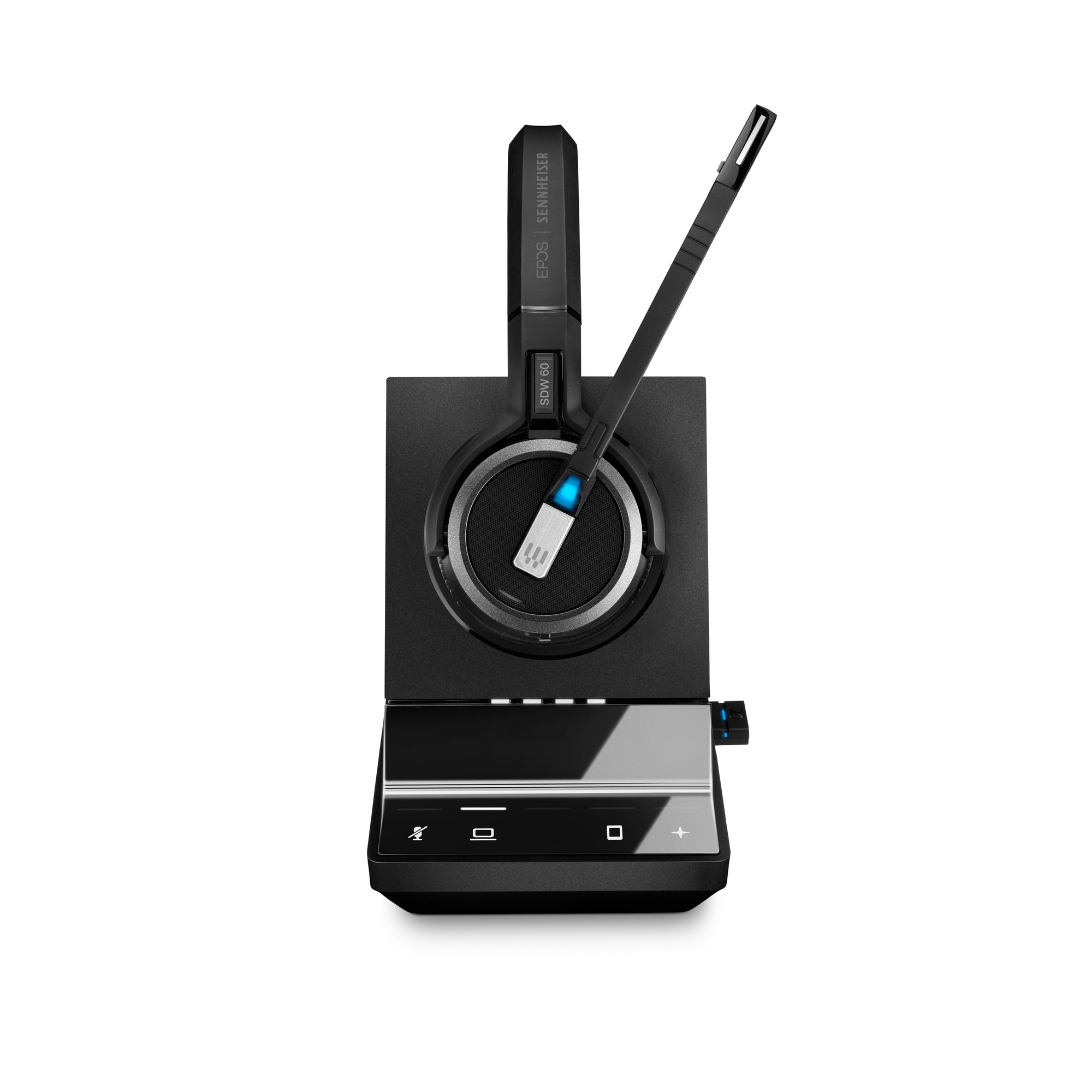 Black wireless headset with a sleek design, featuring a microphone boom, placed on a charging base with touch controls and a blue indicator light.