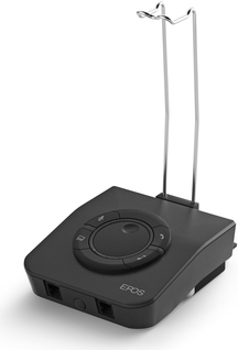 Black EPOS UI 760 telephone switching equipment featuring a circular control dial, two ports, and two metal antennae for connectivity.