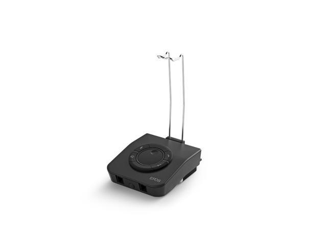 Black EPOS UI 770 telephone switching equipment featuring a circular control dial, two metal antennae, and ports for connectivity.