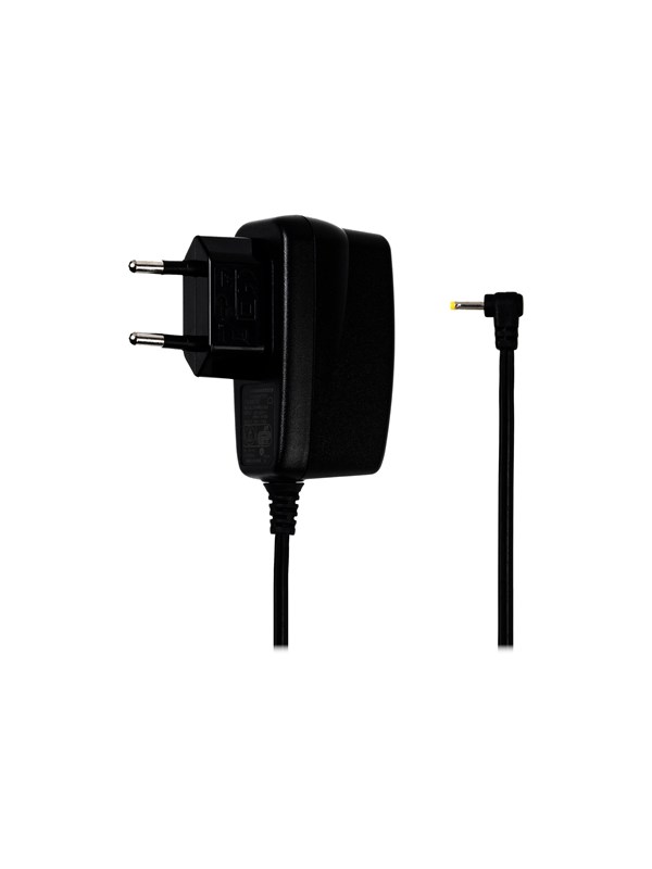 Black power adapter with two prongs, featuring a short cable ending in a right-angle connector, designed for Epos Uni Ps Eu 01 device.