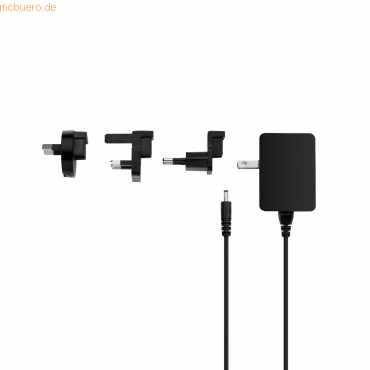 Black EPOS Universal Power Supply with interchangeable plugs and a cable ending in a cylindrical connector, designed for versatile use across different regions.