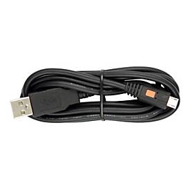 Black EPOS USB cable with a standard USB-A connector on one end and a mini USB connector on the other, coiled neatly and secured with a tie.