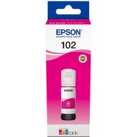 Magenta Epson 102 EcoTank ink bottle with white cap, in branded packaging with pink accents.