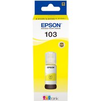 Yellow Epson 103 ink bottle with white cap in branded packaging, featuring color splash design and EcoTank logo.