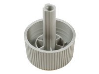 Gray plastic printer/scanner spare part with a cylindrical shape and a central protrusion, featuring ribbed sides for grip and internal support structures.