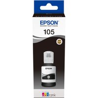 Epson 105 EcoTank Pigment Black ink bottle with white cap and black label in a blue and white box.