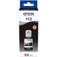 Epson 113 EcoTank black ink bottle with gray cap in branded packaging.