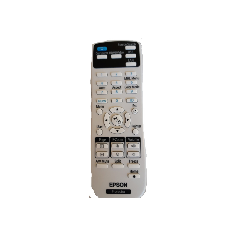White Epson remote control with black buttons, featuring various controls for projector functions, including source selection, volume, and menu navigation.