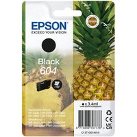 Epson 604 black ink cartridge packaging with pineapple image and "Exceed Your Vision" slogan.