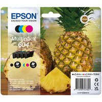 Epson 604 ink cartridge multipack with black, cyan, magenta, yellow cartridges, pineapple-themed packaging.