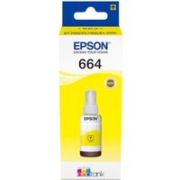 Yellow Epson 664 Ecotank ink bottle, 70ml, with white cap and yellow label, in blue and yellow packaging.