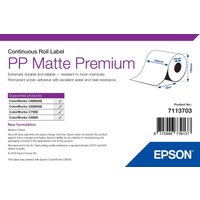 Epson 7113703 white self-adhesive printer label roll, PP Matte Premium, with product details on packaging.