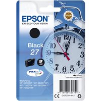 Epson Black 27 DURABrite Ultra Ink cartridge in blue packaging with alarm clock graphic.