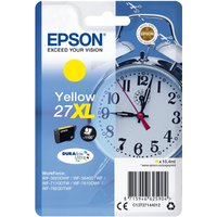 Epson 27XL Yellow ink cartridge with alarm clock design, DURABrite Ultra Ink logo, and blue packaging.