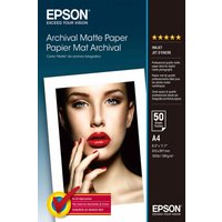 Epson Archival Matte Paper A4 pack, 50 sheets, dark blue packaging with a model image and product details.