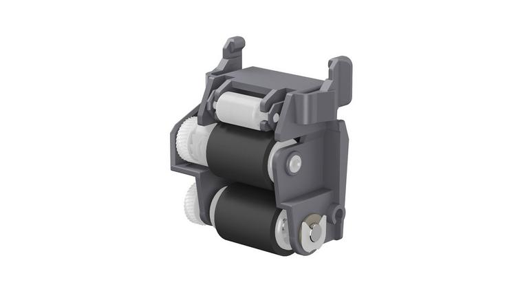 Epson C12C938281 printer/scanner paper feed roller in gray and black, featuring two rubber rollers and a white guide, designed for efficient paper handling.