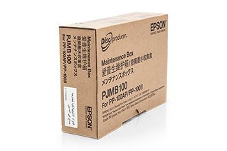 Brown cardboard box labeled "Epson C13S020476/PJMB100 Ink Waste Box," designed for 30,000 pages, featuring product details and compatibility information for Epson PP 100 printers.