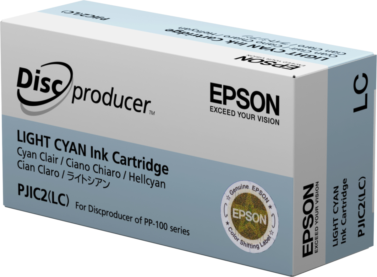 Light cyan ink cartridge by Epson, labeled "C13S020689 PJIC2," featuring a blue and white box design with the Epson logo and details about compatibility and color.