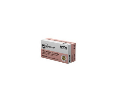 Light magenta ink cartridge box with a sleek design, featuring the Epson logo and product details, predominantly in pink and white colors.