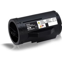 Black Epson toner cartridge with white label, cylindrical shape, compatible with Workforce A, yields 10K pages.