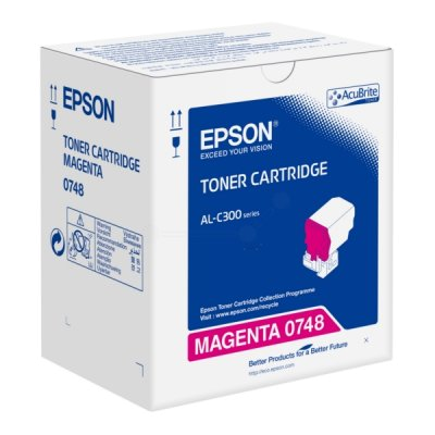 Epson S050748 Magenta toner cartridge box featuring a predominantly white design with blue and pink accents, labeled with "MAGENTA 0748" and key product details.
