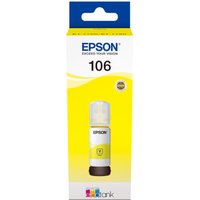 Yellow Epson 106 ink bottle with white cap, 70ml capacity, in a yellow and white box with branding and product details.
