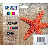 Epson ink cartridge multipack with black, cyan, magenta, yellow cartridges, starfish image on sandy background.