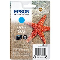 Epson cyan ink cartridge in clear packaging with starfish design, labeled "Cyan 603" and "Standard Yield."