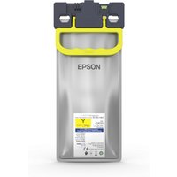 Epson yellow ink cartridge with black top, yellow handle, and clear body showing label.