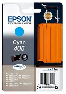 Cyan ink cartridge in a bright orange packaging designed like a suitcase, featuring Epson branding and details about compatibility and capacity.