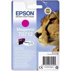 Cheetah-themed packaging featuring a close-up of a cheetah's face, with a prominent magenta ink cartridge labeled "Epson T0713" and "DURABrite Ultra Ink."
