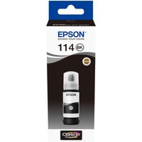 Epson black ink bottle, model 114, with black label and clear cap, in a white and black box.