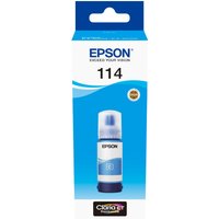 Epson cyan ink bottle, 70ml, with blue cap and label, packaged in a white and blue box with product details.