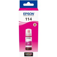 Magenta Epson ink bottle, 70ml, with white cap and pink label, packaged in a blue and pink box labeled "114".