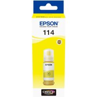 Yellow Epson ink bottle with white cap, labeled 114, in a white and yellow box showing ink capacity and page yield.