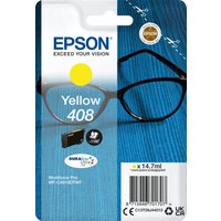 Yellow Epson ink cartridge in blue packaging with glasses graphic, labeled 408, 14.7ml, 1.1K pages.