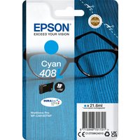 Epson cyan ink cartridge, high-capacity, 1.7K pages, blue packaging with glasses image and product details.