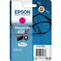 Epson magenta ink cartridge, high-capacity, 408L, for 1.7K pages, in blue packaging with glasses image.