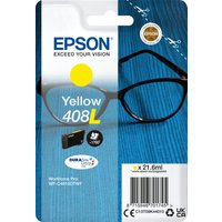 Epson yellow ink cartridge 408L in blue packaging with eyeglasses image, high-capacity for 1.7K pages.