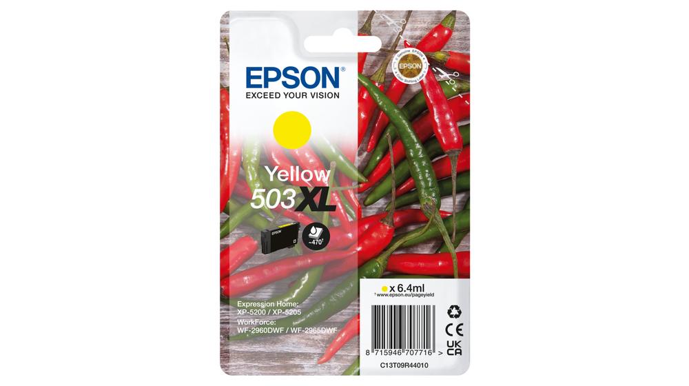 Yellow Epson 503XL high-capacity ink cartridge packaging featuring vibrant red and green chillies, with product details and a black cartridge illustration on a white background.