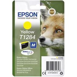 Epson T1284 yellow ink cartridge packaging featuring a close-up of a fox, with a bright yellow circle indicating the color and product details prominently displayed.
