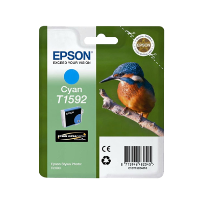 Cyan ink cartridge package featuring a kingfisher bird, with the label displaying "Epson T1592" and branding, designed for Epson Stylus Photo R2000 printers.