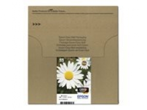 Black, cyan, magenta, and yellow standard capacity ink cartridges by Epson, packaged in a simple cardboard box featuring a daisy design on the label.