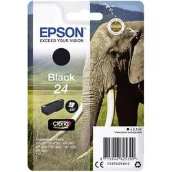 Black ink cartridge packaging featuring an elephant graphic, labeled "Epson 24 Black," with Claria Photo HD branding and a barcode on the back.