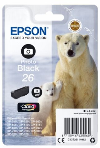 Epson 26 Original Ink Cartridge in photo black, featuring a sleek black design, packaged with a polar bear and cub illustration on a colorful background.