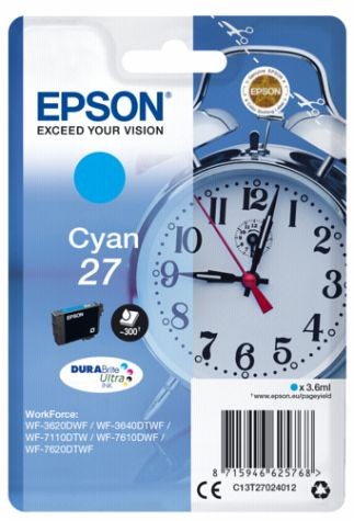 Cyan Epson 27 Original Ink Cartridge in a blue and white packaging, featuring a clock graphic, product details, and compatibility information on the front.