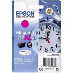 Magenta ink cartridge packaging featuring the Epson logo, labeled "27XL," with a clock design in the background, emphasizing high yield and DuraBrite Ultra technology.
