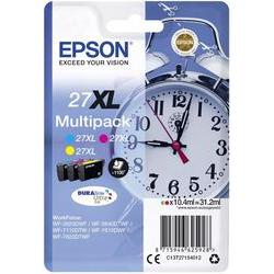 Epson 27XL high capacity ink cartridge multipack featuring three color cartridges, packaged in a blue and white blister pack with a clock graphic and product details.